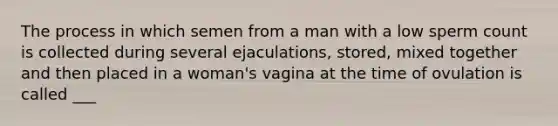 The process in which semen from a man with a low sperm count is collected during several ejaculations, stored, mixed together and then placed in a woman's vagina at the time of ovulation is called ___