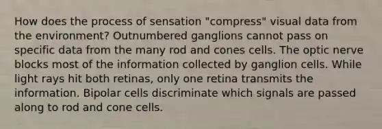 How does the process of sensation "compress" visual data from the environment? Outnumbered ganglions cannot pass on specific data from the many rod and cones cells. The optic nerve blocks most of the information collected by ganglion cells. While light rays hit both retinas, only one retina transmits the information. Bipolar cells discriminate which signals are passed along to rod and cone cells.