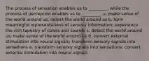 The process of sensation enables us to _________, while the process of perception enables us to _________. a. ​make sense of the world around us; detect the world around us b. ​form meaningful representations of sensory information; experience the rich tapestry of colors and sounds c. ​detect the world around us; make sense of the world around us d. ​convert external stimulation into neural signals; transform sensory signals into sensations e. ​transform sensory signals into sensations; convert external stimulation into neural signals