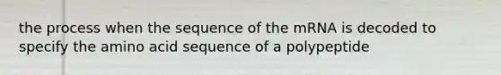 the process when the sequence of the mRNA is decoded to specify the amino acid sequence of a polypeptide