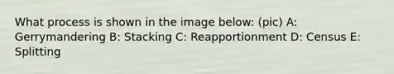 What process is shown in the image below: (pic) A: Gerrymandering B: Stacking C: Reapportionment D: Census E: Splitting