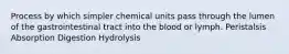 Process by which simpler chemical units pass through the lumen of the gastrointestinal tract into the blood or lymph. Peristalsis Absorption Digestion Hydrolysis