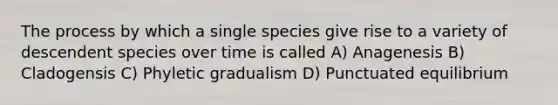 The process by which a single species give rise to a variety of descendent species over time is called A) Anagenesis B) Cladogensis C) Phyletic gradualism D) Punctuated equilibrium