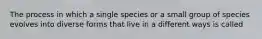 The process in which a single species or a small group of species evolves into diverse forms that live in a different ways is called