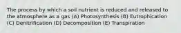 The process by which a soil nutrient is reduced and released to the atmosphere as a gas (A) Photosynthesis (B) Eutrophication (C) Denitrification (D) Decomposition (E) Transpiration