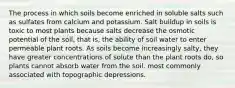 The process in which soils become enriched in soluble salts such as sulfates from calcium and potassium. Salt buildup in soils is toxic to most plants because salts decrease the osmotic potential of the soil, that is, the ability of soil water to enter permeable plant roots. As soils become increasingly salty, they have greater concentrations of solute than the plant roots do, so plants cannot absorb water from the soil. most commonly associated with topographic depressions.