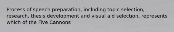 Process of speech preparation, including topic selection, research, thesis development and visual aid selection, represents which of the Five Cannons