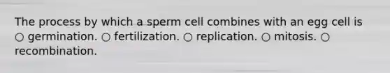 The process by which a sperm cell combines with an egg cell is ○ germination. ○ fertilization. ○ replication. ○ mitosis. ○ recombination.