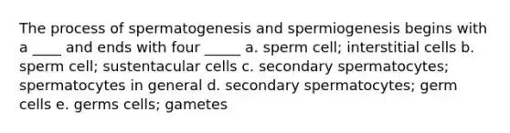 The process of spermatogenesis and spermiogenesis begins with a ____ and ends with four _____ a. sperm cell; interstitial cells b. sperm cell; sustentacular cells c. secondary spermatocytes; spermatocytes in general d. secondary spermatocytes; germ cells e. germs cells; gametes