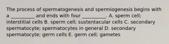 The process of spermatogenesis and spermiogenesis begins with a __________ and ends with four __________. A. sperm cell; interstitial cells B. sperm cell; sustentacular cells C. secondary spermatocyte; spermatocytes in general D. secondary spermatocyte; germ cells E. germ cell; gametes