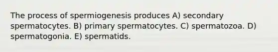 The process of spermiogenesis produces A) secondary spermatocytes. B) primary spermatocytes. C) spermatozoa. D) spermatogonia. E) spermatids.