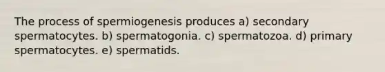 The process of spermiogenesis produces a) secondary spermatocytes. b) spermatogonia. c) spermatozoa. d) primary spermatocytes. e) spermatids.