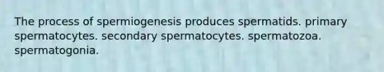 The process of spermiogenesis produces spermatids. primary spermatocytes. secondary spermatocytes. spermatozoa. spermatogonia.