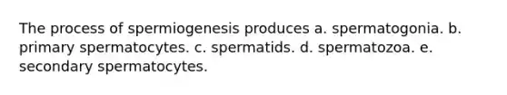 The process of spermiogenesis produces a. spermatogonia. b. primary spermatocytes. c. spermatids. d. spermatozoa. e. secondary spermatocytes.