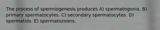 The process of spermiogenesis produces A) spermatogonia. B) primary spermatocytes. C) secondary spermatocytes. D) spermatids. E) spermatozoons.