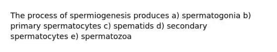 The process of spermiogenesis produces a) spermatogonia b) primary spermatocytes c) spematids d) secondary spermatocytes e) spermatozoa