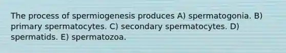 The process of spermiogenesis produces A) spermatogonia. B) primary spermatocytes. C) secondary spermatocytes. D) spermatids. E) spermatozoa.