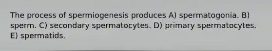 The process of spermiogenesis produces A) spermatogonia. B) sperm. C) secondary spermatocytes. D) primary spermatocytes. E) spermatids.