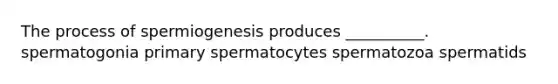 The process of spermiogenesis produces __________. spermatogonia primary spermatocytes spermatozoa spermatids