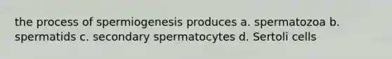 the process of spermiogenesis produces a. spermatozoa b. spermatids c. secondary spermatocytes d. Sertoli cells