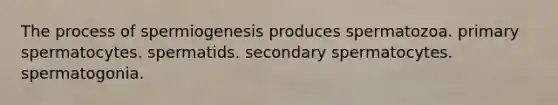 The process of spermiogenesis produces spermatozoa. primary spermatocytes. spermatids. secondary spermatocytes. spermatogonia.