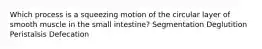 Which process is a squeezing motion of the circular layer of smooth muscle in the small intestine? Segmentation Deglutition Peristalsis Defecation