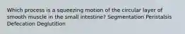 Which process is a squeezing motion of the circular layer of smooth muscle in the small intestine? Segmentation Peristalsis Defecation Deglutition