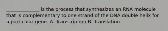 ______________ is the process that synthesizes an RNA molecule that is complementary to one strand of the DNA double helix for a particular gene. A. Transcription B. Translation