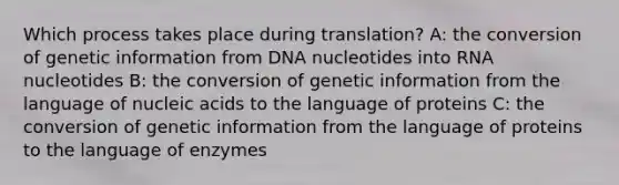 Which process takes place during translation? A: the conversion of genetic information from DNA nucleotides into RNA nucleotides B: the conversion of genetic information from the language of nucleic acids to the language of proteins C: the conversion of genetic information from the language of proteins to the language of enzymes