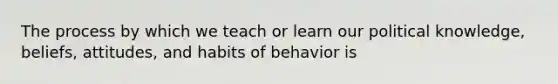 The process by which we teach or learn our political knowledge, beliefs, attitudes, and habits of behavior is