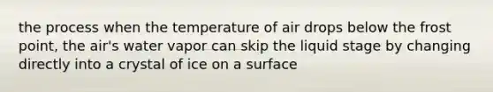 the process when the temperature of air drops below the frost point, the air's water vapor can skip the liquid stage by changing directly into a crystal of ice on a surface