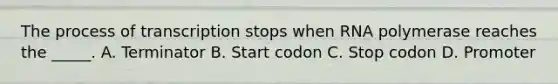 The process of transcription stops when RNA polymerase reaches the _____. A. Terminator B. Start codon C. Stop codon D. Promoter