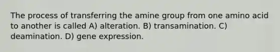 The process of transferring the amine group from one amino acid to another is called A) alteration. B) transamination. C) deamination. D) gene expression.