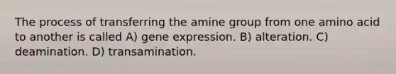 The process of transferring the amine group from one amino acid to another is called A) gene expression. B) alteration. C) deamination. D) transamination.