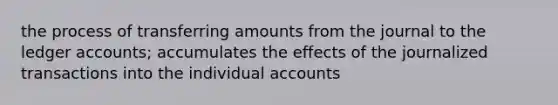 the process of transferring amounts from the journal to the ledger accounts; accumulates the effects of the journalized transactions into the individual accounts