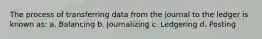 The process of transferring data from the journal to the ledger is known as: a. Balancing b. Journalizing c. Ledgering d. Posting