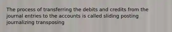 The process of transferring the debits and credits from the journal entries to the accounts is called sliding posting journalizing transposing