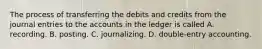 The process of transferring the debits and credits from the journal entries to the accounts in the ledger is called A. recording. B. posting. C. journalizing. D. double-entry accounting.