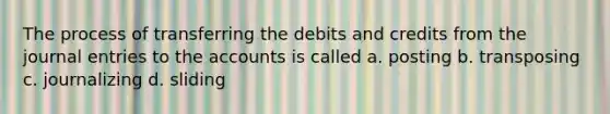 The process of transferring the debits and credits from the journal entries to the accounts is called a. posting b. transposing c. journalizing d. sliding