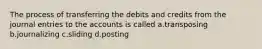 The process of transferring the debits and credits from the journal entries to the accounts is called a.transposing b.journalizing c.sliding d.posting