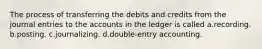 The process of transferring the debits and credits from the journal entries to the accounts in the ledger is called a.recording. b.posting. c.journalizing. d.double-entry accounting.