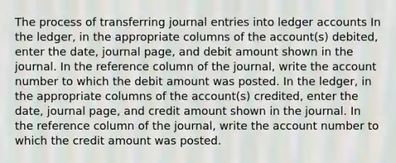 The process of transferring journal entries into ledger accounts In the ledger, in the appropriate columns of the account(s) debited, enter the date, journal page, and debit amount shown in the journal. In the reference column of the journal, write the account number to which the debit amount was posted. In the ledger, in the appropriate columns of the account(s) credited, enter the date, journal page, and credit amount shown in the journal. In the reference column of the journal, write the account number to which the credit amount was posted.