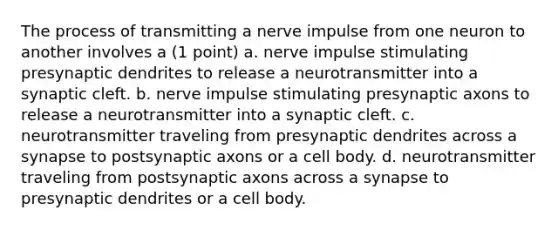 The process of transmitting a nerve impulse from one neuron to another involves a (1 point) a. nerve impulse stimulating presynaptic dendrites to release a neurotransmitter into a synaptic cleft. b. nerve impulse stimulating presynaptic axons to release a neurotransmitter into a synaptic cleft. c. neurotransmitter traveling from presynaptic dendrites across a synapse to postsynaptic axons or a cell body. d. neurotransmitter traveling from postsynaptic axons across a synapse to presynaptic dendrites or a cell body.