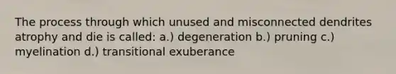 The process through which unused and misconnected dendrites atrophy and die is called: a.) degeneration b.) pruning c.) myelination d.) transitional exuberance