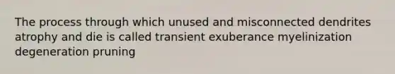 The process through which unused and misconnected dendrites atrophy and die is called transient exuberance myelinization degeneration pruning