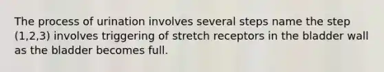 The process of urination involves several steps name the step (1,2,3) involves triggering of stretch receptors in the bladder wall as the bladder becomes full.