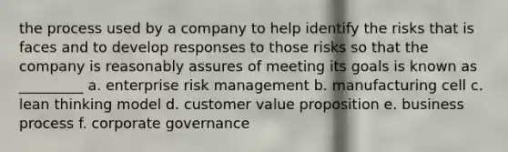 the process used by a company to help identify the risks that is faces and to develop responses to those risks so that the company is reasonably assures of meeting its goals is known as _________ a. enterprise risk management b. manufacturing cell c. lean thinking model d. customer value proposition e. business process f. corporate governance