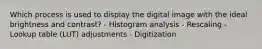 Which process is used to display the digital image with the ideal brightness and contrast? - Histogram analysis - Rescaling - Lookup table (LUT) adjustments - Digitization