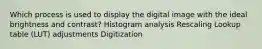 Which process is used to display the digital image with the ideal brightness and contrast? Histogram analysis Rescaling Lookup table (LUT) adjustments Digitization