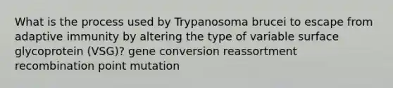 What is the process used by Trypanosoma brucei to escape from adaptive immunity by altering the type of variable surface glycoprotein (VSG)? gene conversion reassortment recombination point mutation